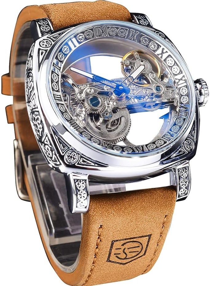 FORSINING Men's Luxury Square Carving Mechanical Watch, Retro Totem Double Sided Hollow Skeleton Self-Wind Automatic Watches, Vintage Leather Strap Wristwatch Reloj para Hombre - Image 1